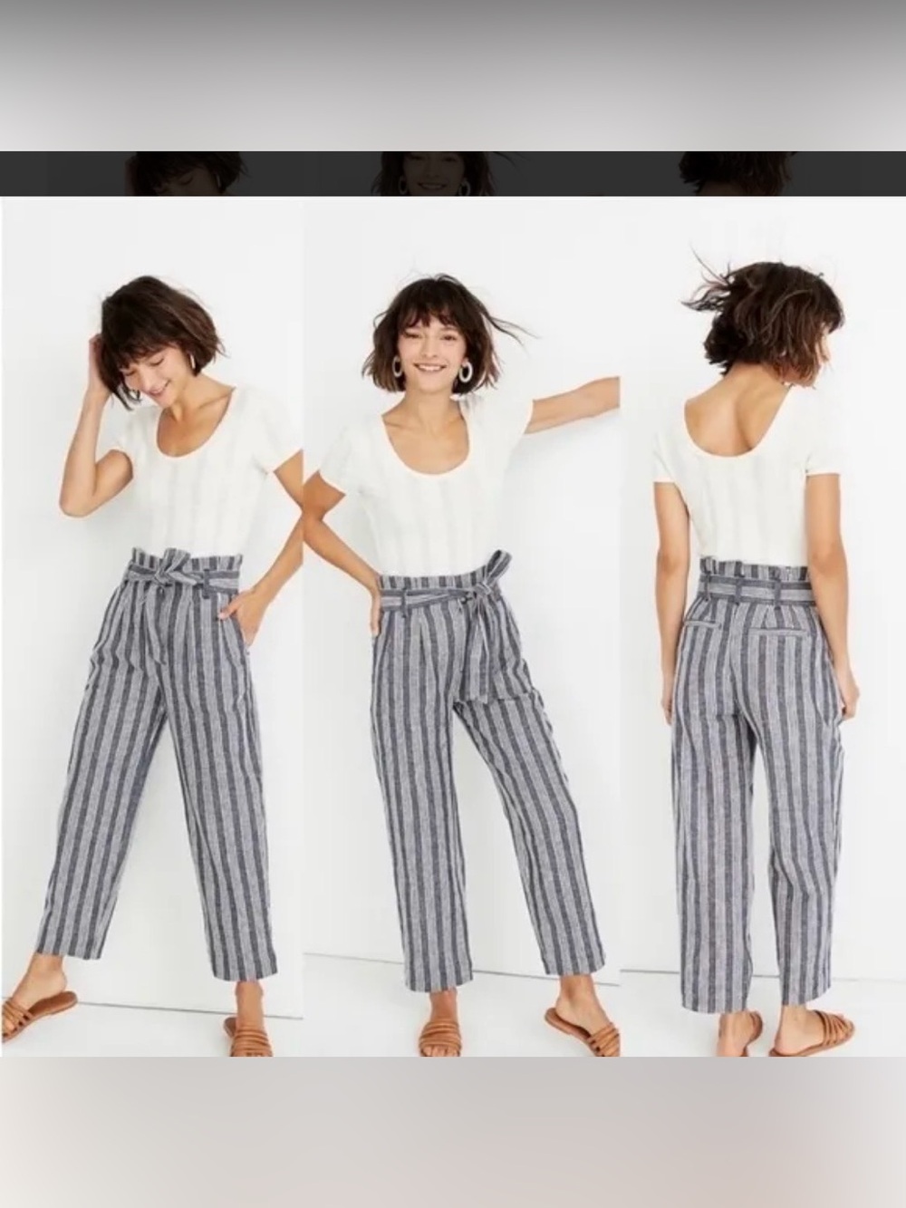 Madewell Linen Cotton Paperbag Pants Stripe Size 2 Coastal Summer Minimalist